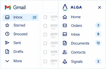 Gmail with the ALGA panel: orders, inbox, documents, contacts and signals.